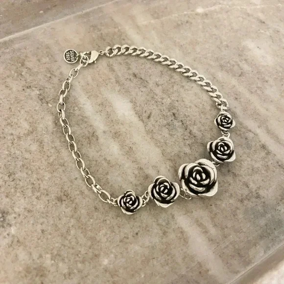 925 Sterling Silver Vintage Rose Bracelet Chain Link Bracelet Flower Bracelet - Picture 3 of 6
